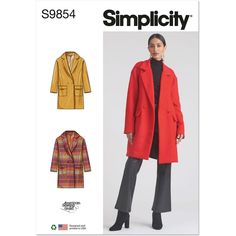 a women's coat, jacket and pants sewing pattern from the misses book simplicity