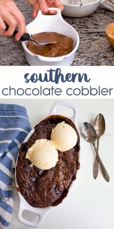 two pictures showing how to make southern chocolate cobbler with ice cream in the middle