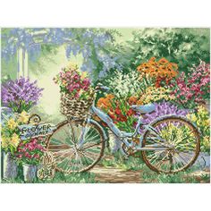 a painting of a blue bicycle with flowers in the back ground and a basket full of flowers on the front