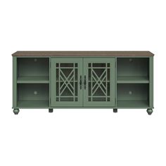 a green cabinet with two doors and some drawers on it's sides, against a white background