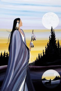 a painting of a woman holding an umbrella in front of a full moon sky and pine trees