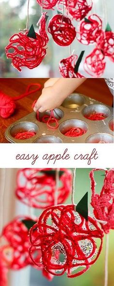 an easy apple craft for kids to make with paper plates and yarn is the perfect way to decorate apples