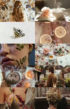 a collage of images with flowers and bees