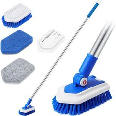 the mop is blue and has four different cleaning tools on it, including a brush