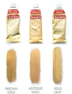 four different types of gold pigments on white background, with description text above them