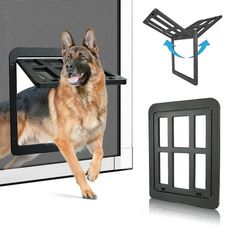 a german shepard dog standing in front of a mesh screen door with its mouth open