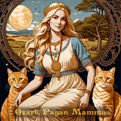 a woman sitting next to two cats in front of a moon and tree with the caption, garr ragi mamma