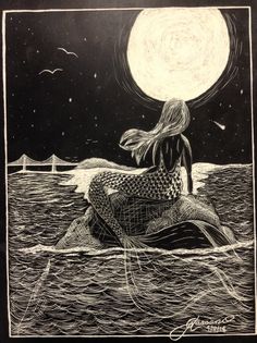 a drawing of a woman sitting on top of a whale in the ocean at night