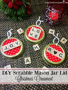 christmas ornaments made out of scrabble mason jar lid