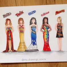 a drawing of four women in different dresses