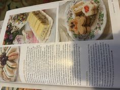 an open book with pictures of cakes and desserts on it's pages, in the sun