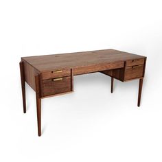 a wooden desk with two drawers on one side and an open drawer on the other