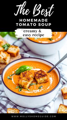 the best homemade tomato soup with croutons and basil