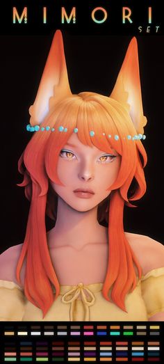 a girl with orange hair wearing a cat ears headpiece in front of a black background