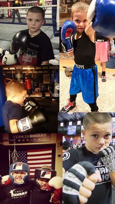 a collage of photos with young boys and boxing gloves