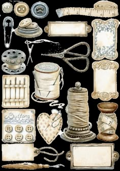 an assortment of sewing items including scissors, buttons and other things