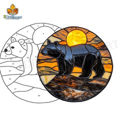 a stained glass bear is shown in front of the sun and moon with an orange background