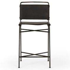 a black metal and leather bar stool with arms on an isolated white background the chair is facing forward