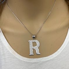 925 Sterling Silver Diamond Cut Initial Large Letter R Pendant Necklace Metal: 925 Sterling Silver Pendant: Large Height: 1.8" (45.7 Mm) Width: 1.1" (28 Mm) Rolo Chain In 16", 18", 20", 22" Brand New With Box Available In Any Letter From A-Z Pendant Can Be Available In Small Or Medium Size In Different Listings, Available In 10k, 14k, Or Sterling Silver Made To Order. Might Take 3-5 Days To Be Shipped. Letter J Pendant Necklace Is For Size Demo. Available In Another Listing. Letter J, Letter R, Large Letters, Initial Letter, Rolo Chain, Initial Letters, Metal Necklaces, Silver Diamonds, Diamond Cut