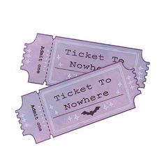 two tickets with the words ticket to nowhere written on them, one is purple and the other is white