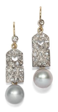 A pair of Art Deco platinum, gold, diamond, and pearl earrings, circa 1930. Conch Pearl, Sea Snail, Pearl Grey, Conch, Vintage Jewellery, Diy Inspiration, Pearl Jewelry, Handmade Silver, Amazing Jewelry