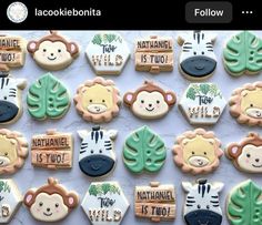 cookies decorated like animals and plants are on a white tablecloth with the words national is today