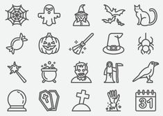 halloween icons are shown in black and white