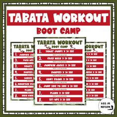 the tabata workout boot camp poster is shown in red and white with green trim