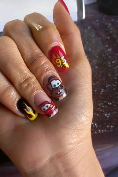 Disney Cars Nails Acrylic, Cars Acrylic Nails, Disney Cars Nail Art, Disney Car Nails, Cars Inspired Nails, Lightning Mcqueen Nails Acrylic, Car Acrylic Nails, Pixar Cars Nails, Cars Theme Nails