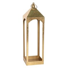 a gold colored candle holder with a ring on the top and an open door at the bottom