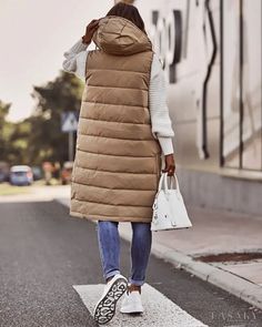 Hooded Gilet, Chaleco Casual, Collar Vest, Vest Blouse, Sleeveless Outfit, Gilet Long, Long Puffer, Mini Robes, Hooded Vest