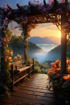 a wooden bench sitting on top of a lush green hillside under a gazebo covered in flowers