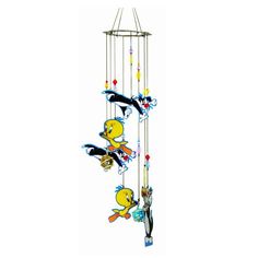 a wind chime with ducks and birds hanging from it's sides on a white background