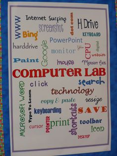 a computer lab poster with words written in different languages and colors on the back of it