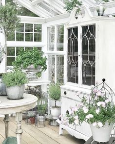 a room filled with lots of potted plants next to a white table and chairs