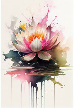 a watercolor painting of a pink and yellow flower on top of a body of water