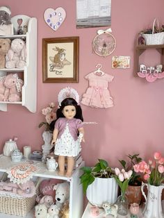 a doll is standing on a shelf in a room filled with teddy bears and other toys