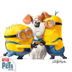 a cartoon dog is holding two minions from the movie despicable mes with his eyes closed