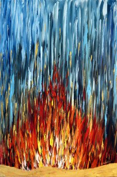 an abstract painting with red, yellow and blue colors