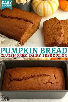 a loaf of pumpkin bread sitting on top of a pan next to some pumpkins