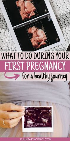 a pregnant woman holding her belly with the words what to do during your first pregnancy for a healthy journey