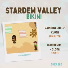 an advertisement for stardew valley bikinii, featuring two people on the beach