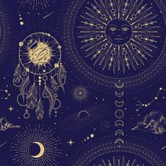 the sun, moon and stars are drawn in gold on a dark blue background