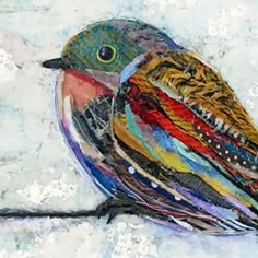 a painting of a colorful bird sitting on a branch