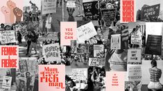 a collage of women holding signs and standing in front of each other with words written on them