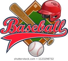 a baseball bat, helmet and ball with the word baseball on it's side