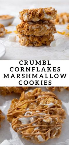 crumbl cornflake marshmallow cookies are stacked on top of each other