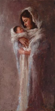 a painting of a woman holding a baby wrapped in a white blanket and wearing a shawl