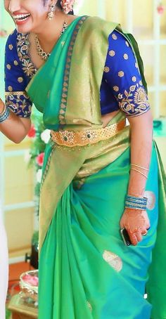 Diamond vadranam Green And Blue Saree Blouse Designs, Green With Blue Silk Saree Blouse Design, South Indian Wedding Sarees Color Combinations, Blue Colour Blouse Designs, Teal Blue Pattu Saree, Blue Pattu Saree Wedding, Blue Colour Pattu Sarees, Blue South Indian Saree, Green Saree Contrast Blouse