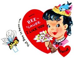 bumblebee valentine, vintage valentine clip art, retro valentine card, printable valentine, girl flowers bee valentine Retro Valentine Cards, Cowboy Valentines, Funny Valentines Cards, Printable Valentines Cards, Old Design, Printable Valentine